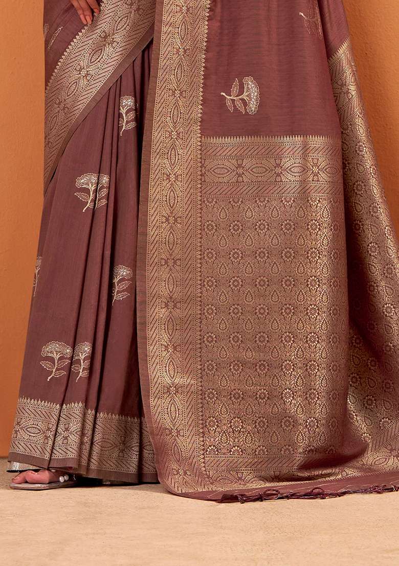 Brown Woven Silk Blend Saree Set - Indya