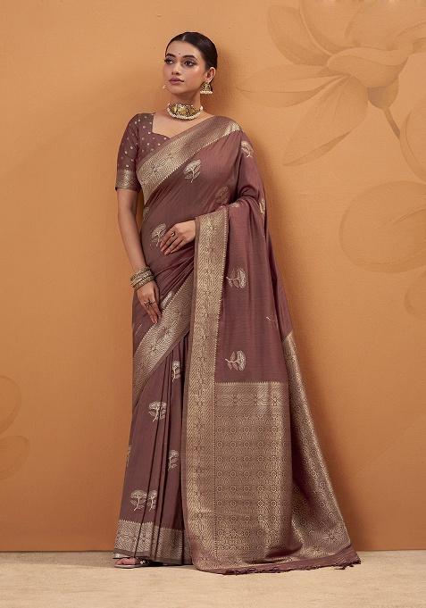 Brown Woven Silk Saree Set