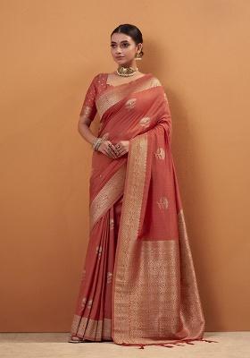 Orange Woven Silk Saree Set