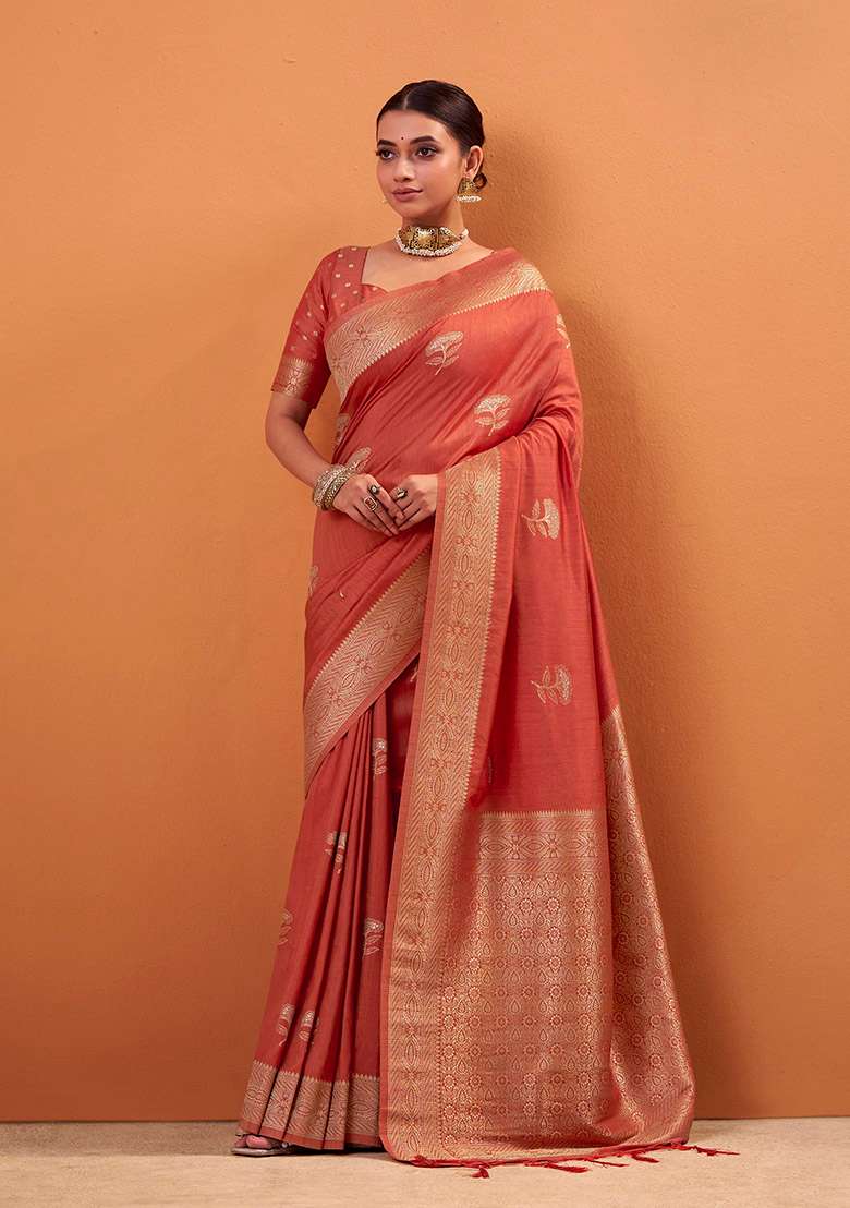 Orange Woven Silk Blend Saree Set - Indya