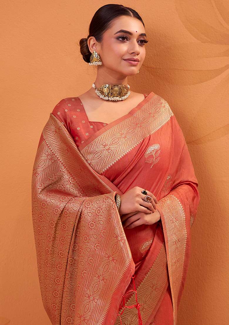 Orange Woven Silk Blend Saree Set - Indya