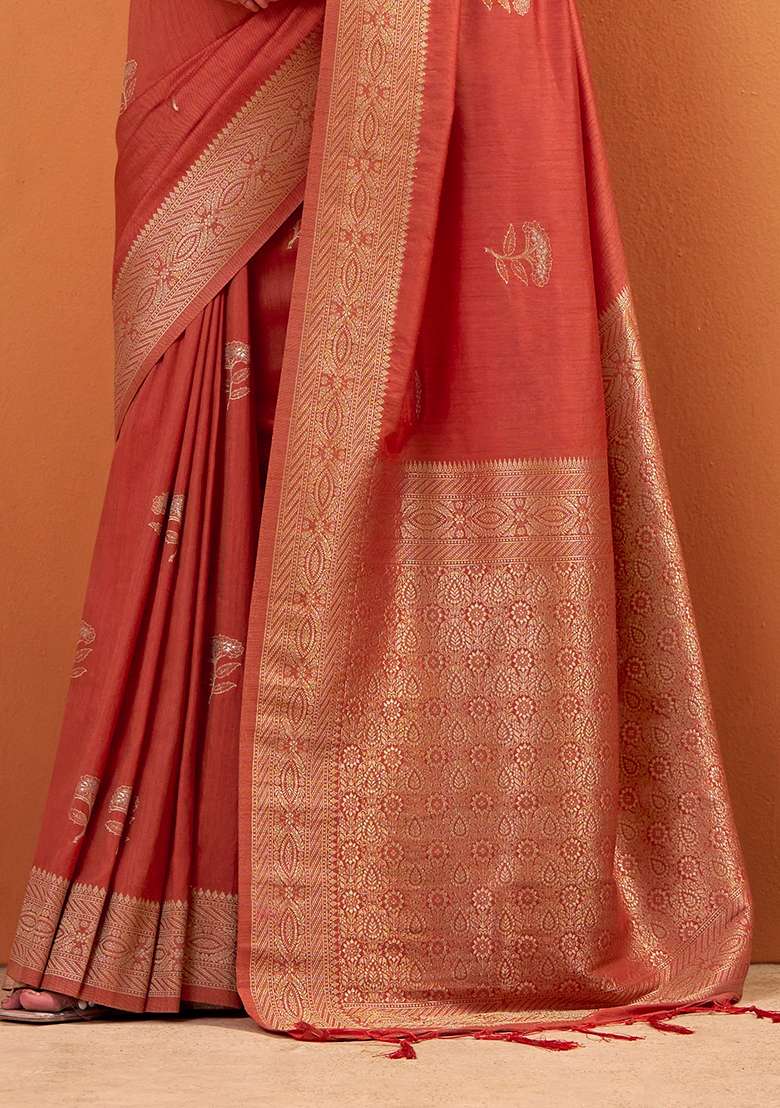 Orange Woven Silk Blend Saree Set - Indya