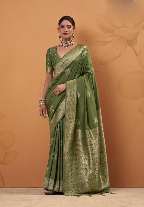 Green Woven Silk Saree Set