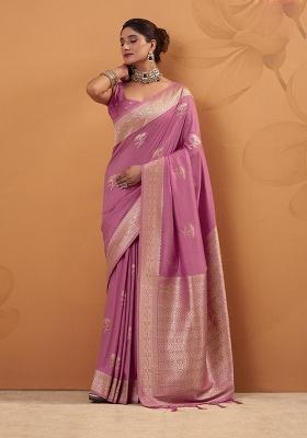 Pink Woven Silk Saree Set