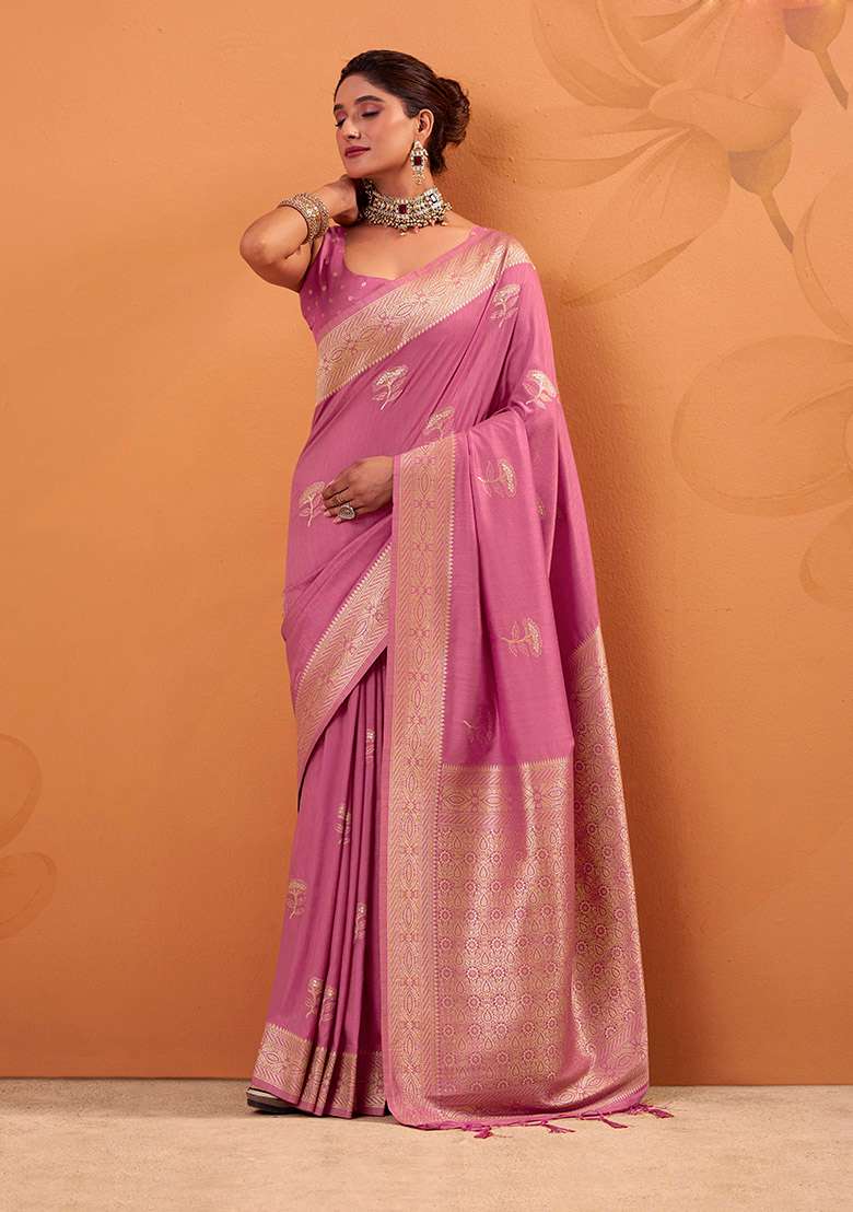 Pink Woven Silk Blend Saree Set - Indya