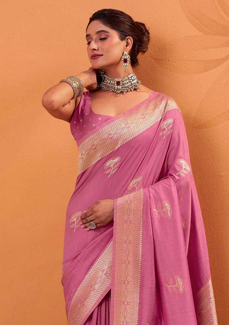 Pink Woven Silk Blend Saree Set - Indya