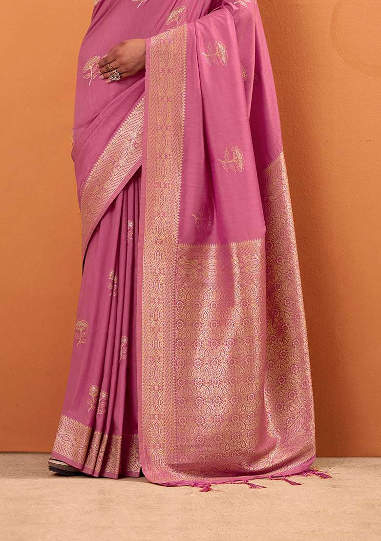 Pink Woven Silk Blend Saree Set - Indya