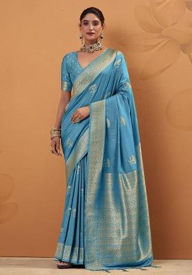 Blue Woven Silk Saree Set