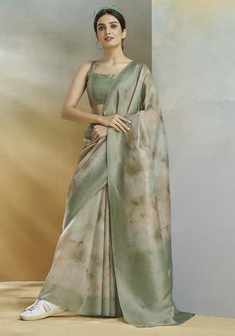 Olive Woven Silk Saree Set