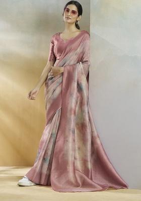 Pink Woven Silk Saree Set