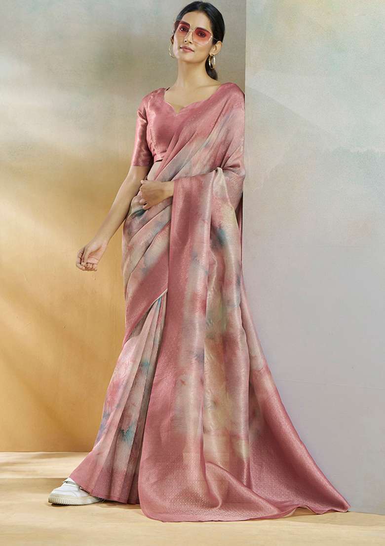 Pink Woven Silk Blend Saree Set - Indya
