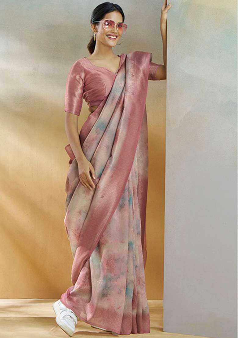 Pink Woven Silk Blend Saree Set - Indya