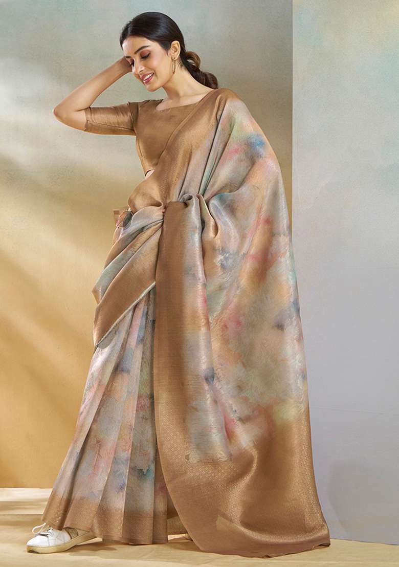 Brown Woven Silk Blend Saree Set - Indya