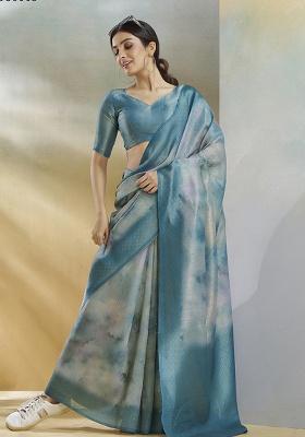 Blue Woven Silk Saree Set