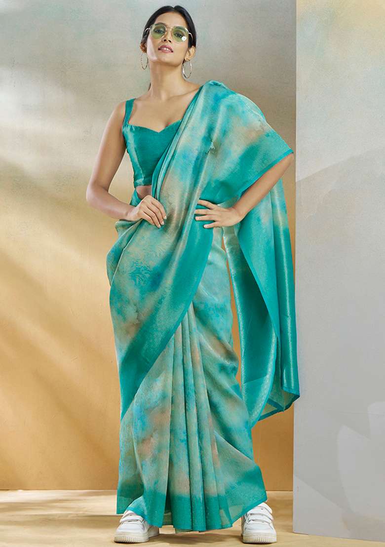 Turquoise Woven Silk Blend Saree Set - Indya