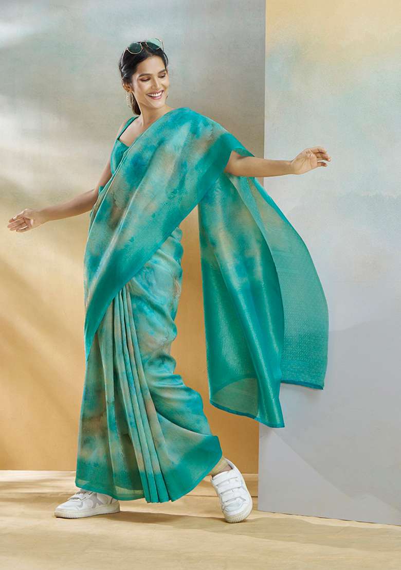 Turquoise Woven Silk Blend Saree Set - Indya