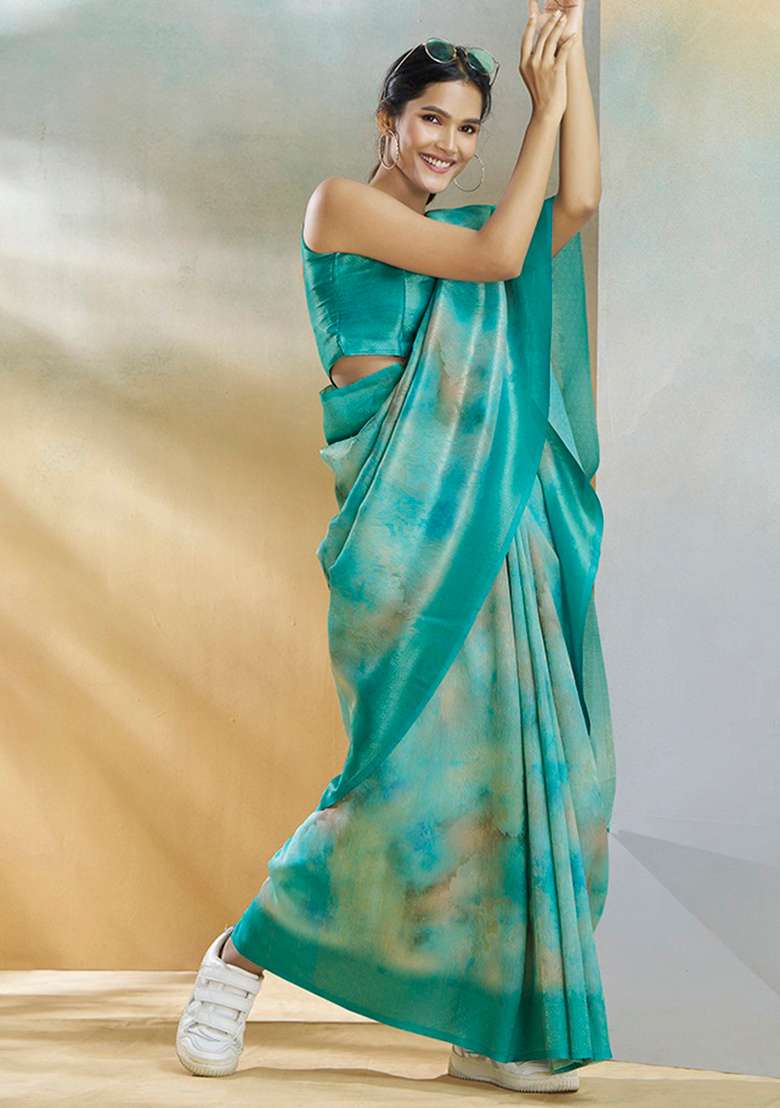 Turquoise Woven Silk Blend Saree Set - Indya