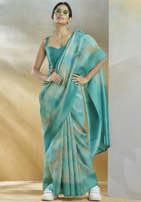 Turquoise Woven Silk Saree Set