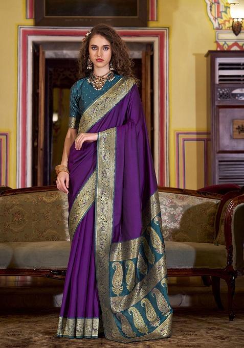 Purple Woven Silk Saree Set