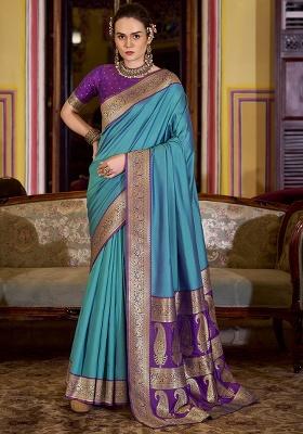 Blue Woven Silk Saree Set