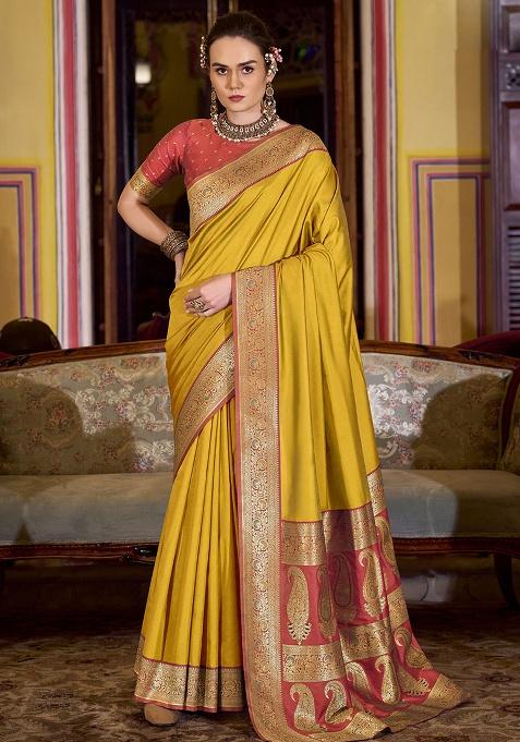 Yellow Woven Silk Saree Set