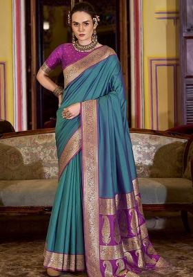 Teal Woven Silk Saree Set