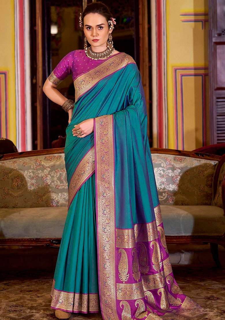 Teal Woven Silk Blend Saree Set - Indya