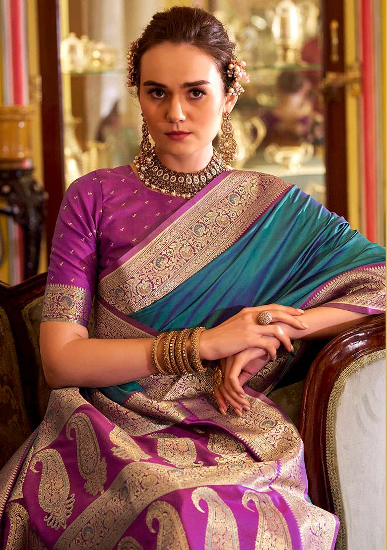 Teal Woven Silk Blend Saree Set - Indya