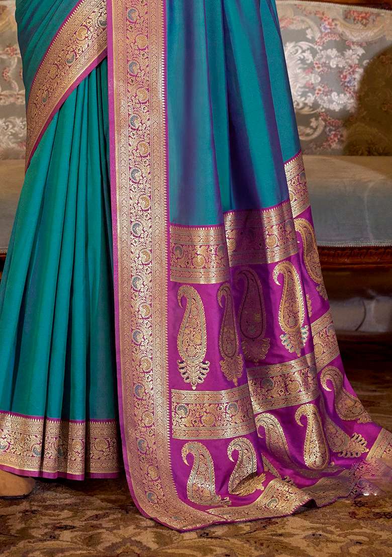 Teal Woven Silk Blend Saree Set - Indya