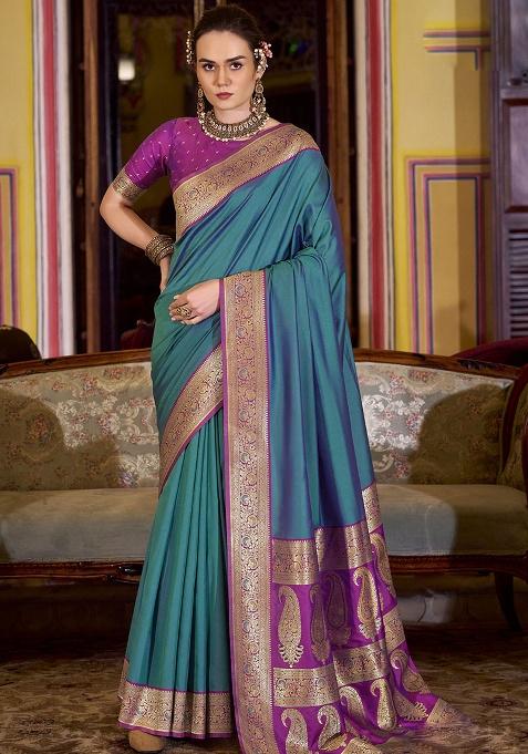 Teal Woven Silk Saree Set