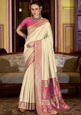 Beige Woven Silk Saree Set