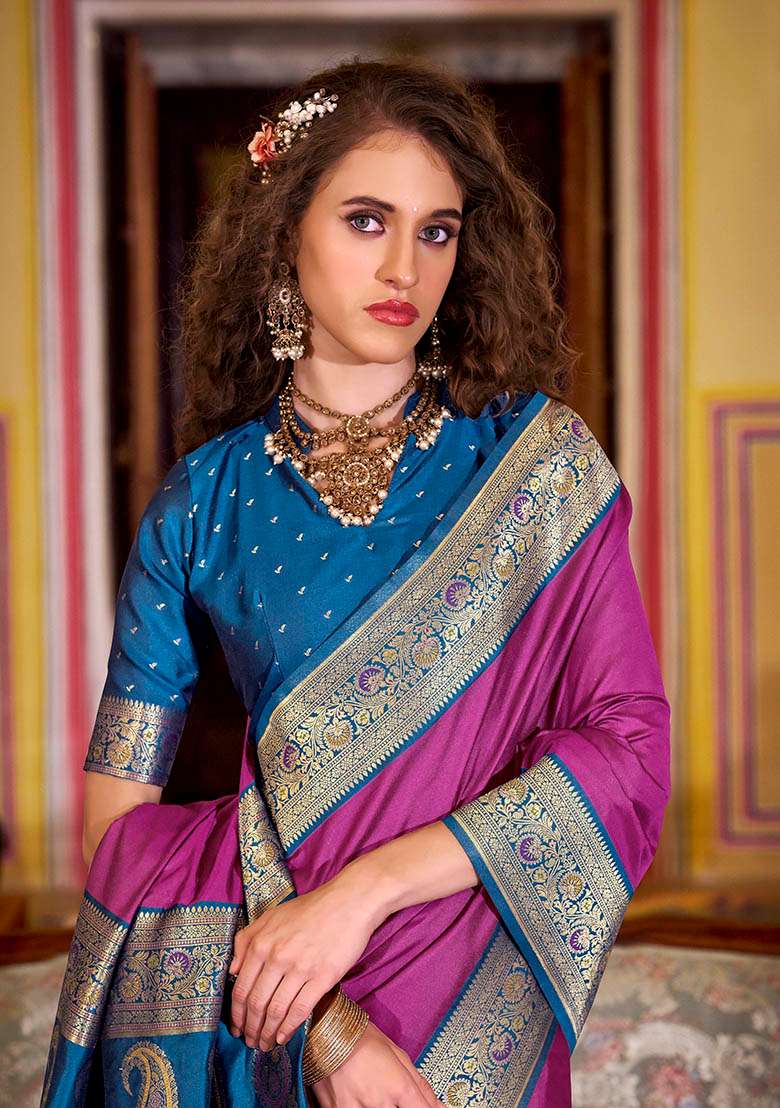 Lavender Woven Silk Blend Saree Set - Indya