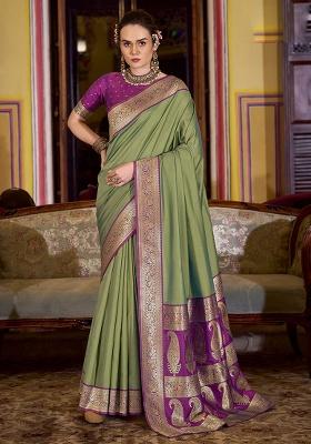Olive Woven Silk Saree Set
