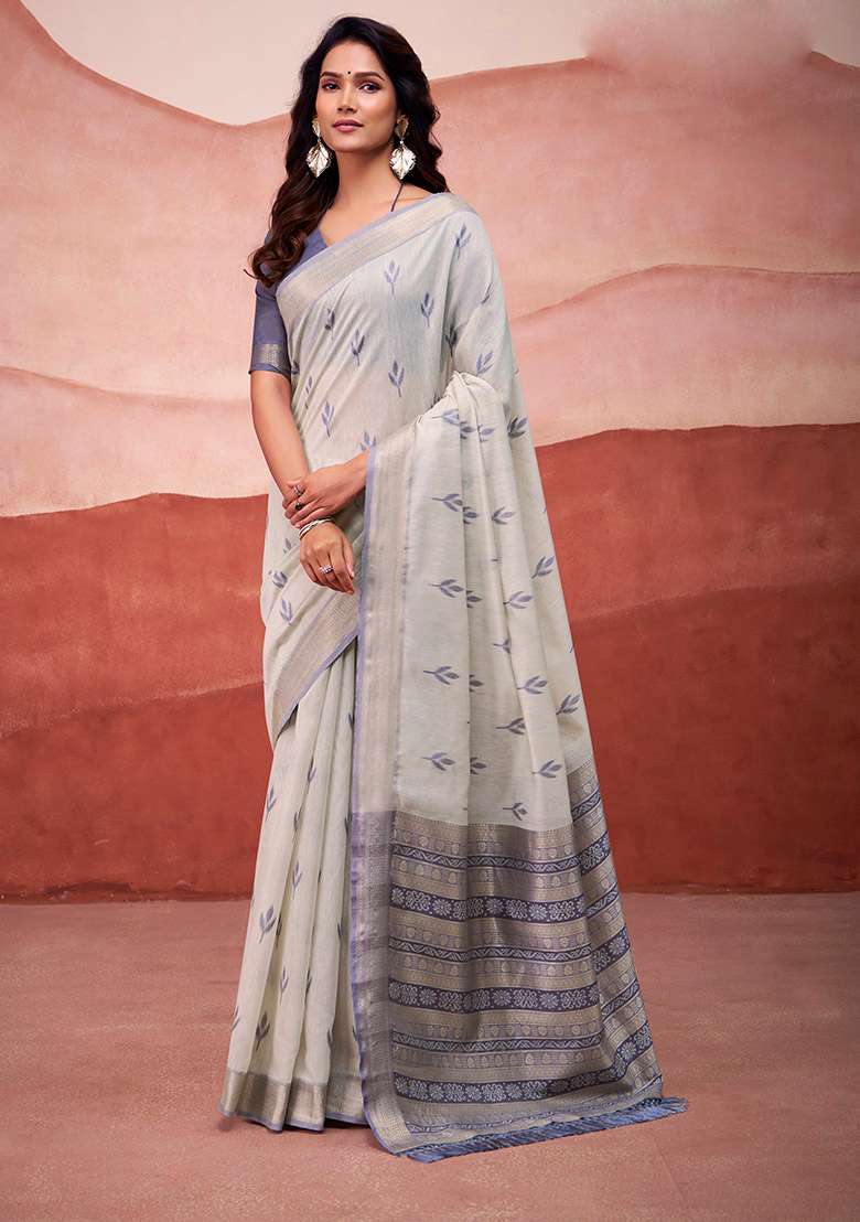 Blue Woven Cotton Saree Set - Indya