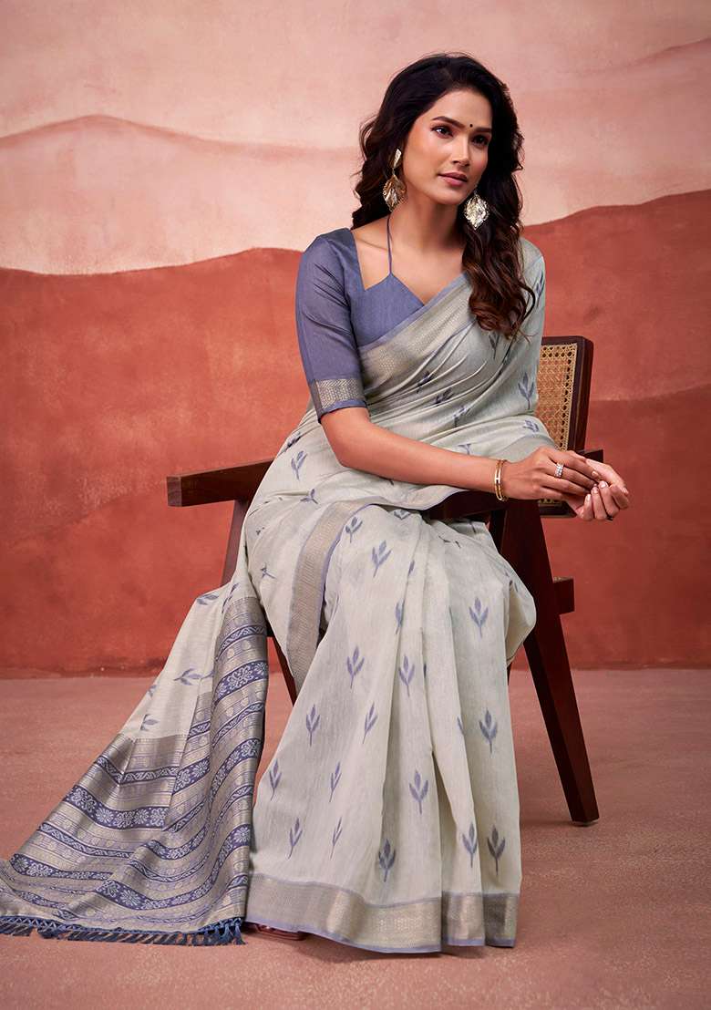 Blue Woven Cotton Saree Set - Indya