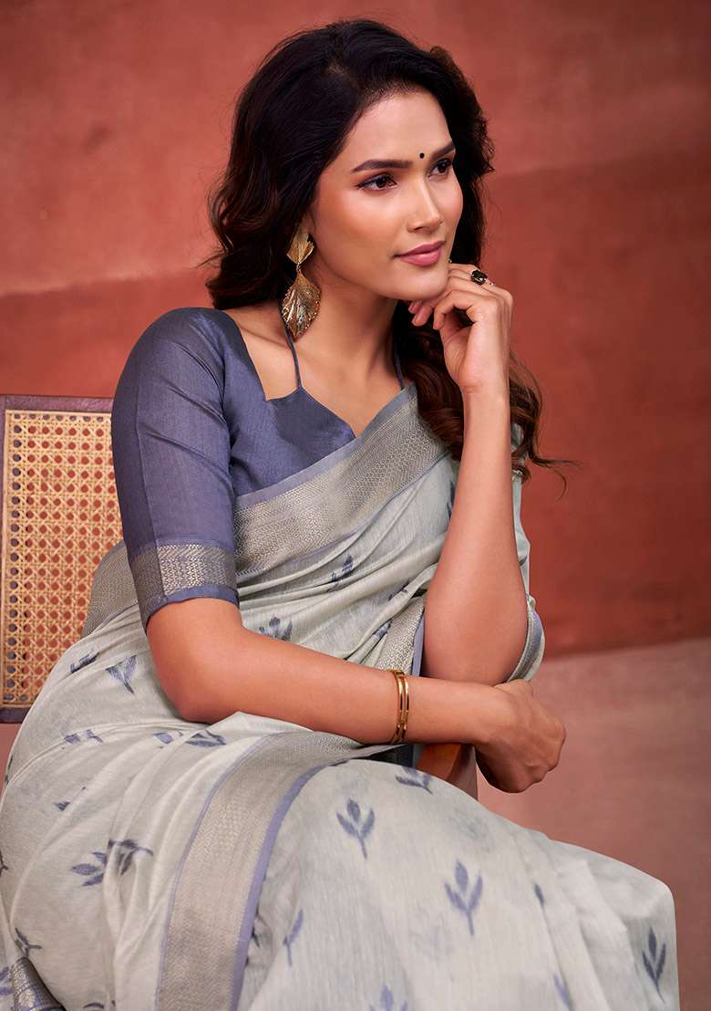 Blue Woven Cotton Saree Set - Indya