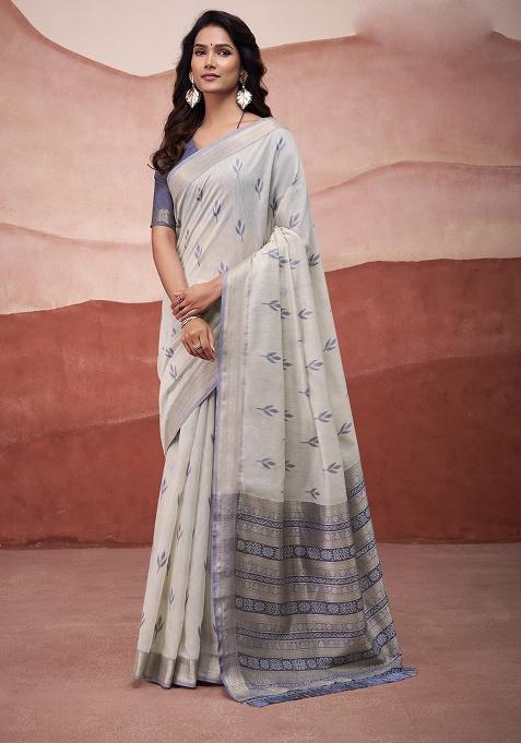 Blue Woven Cotton Saree Set