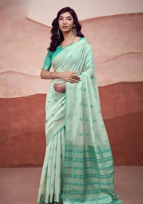 Turquoise Woven Cotton Saree Set
