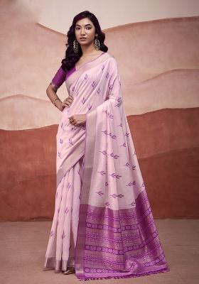 Pink Woven Cotton Saree Set
