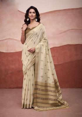 Beige Woven Cotton Saree Set