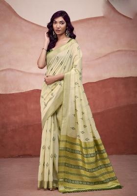 Parrot Green Woven Cotton Saree Set