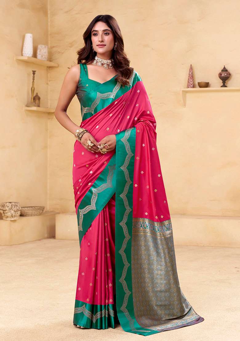Magenta Woven Silk Saree Set - Indya
