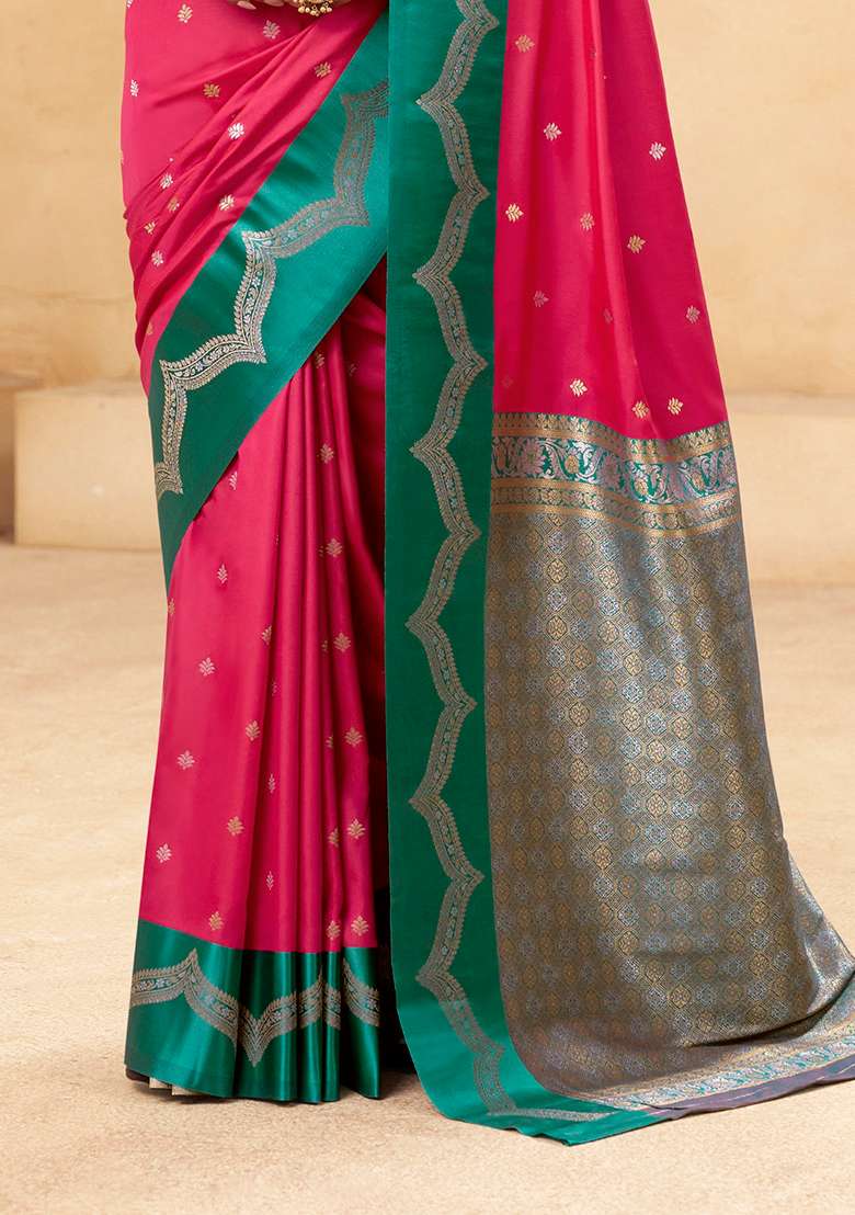 Magenta Woven Silk Saree Set - Indya
