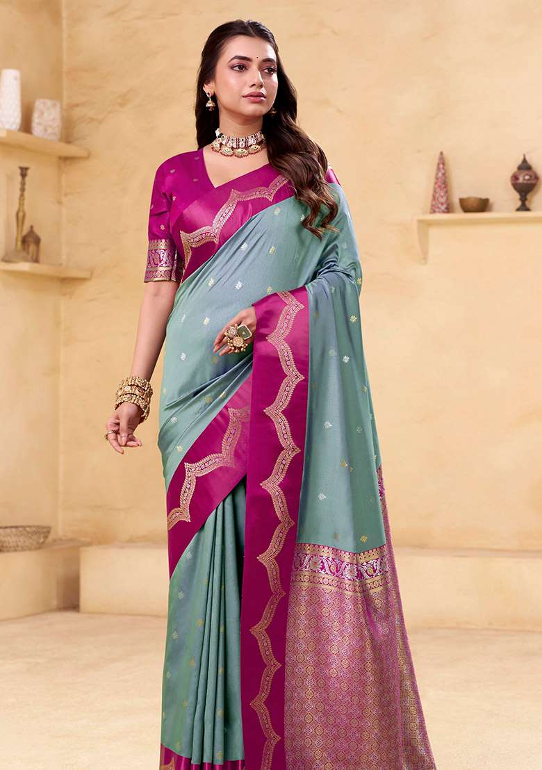 Grey Woven Silk Saree Set - Indya