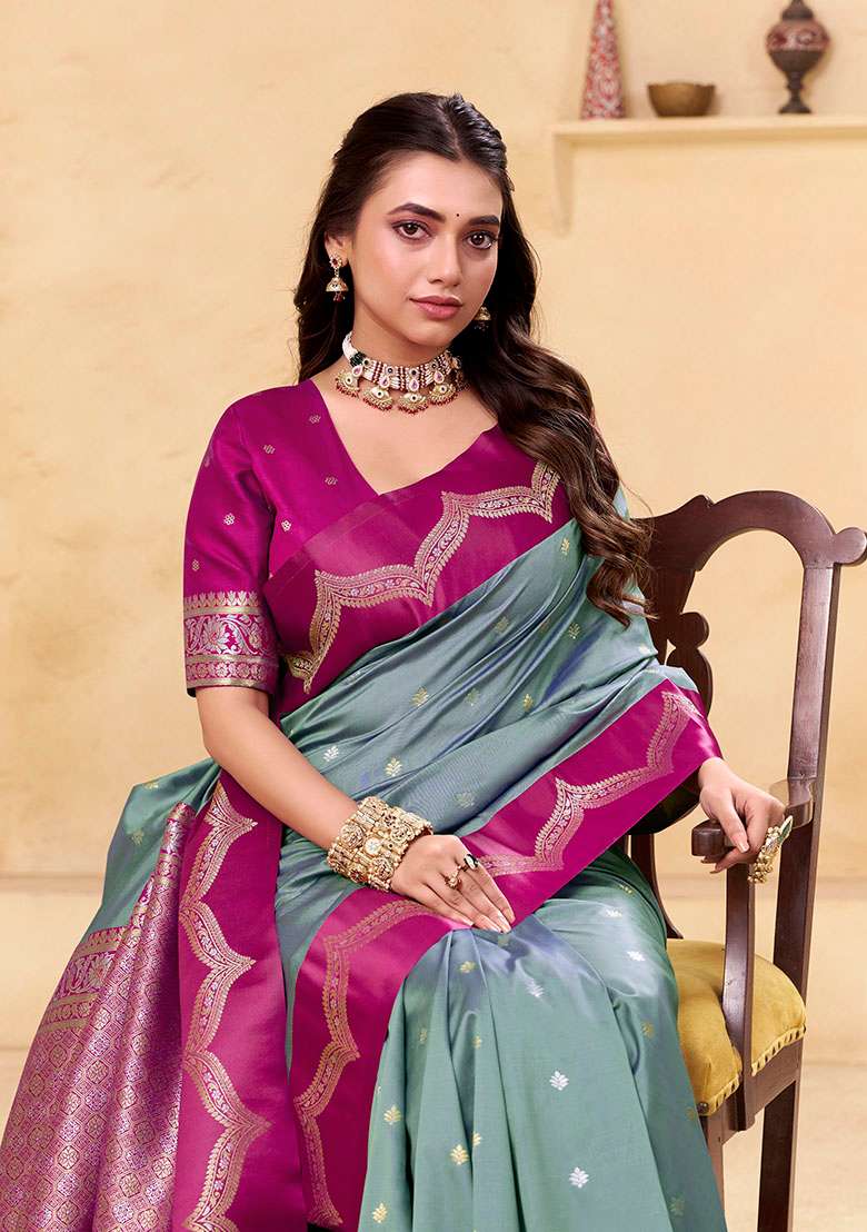 Grey Woven Silk Saree Set - Indya