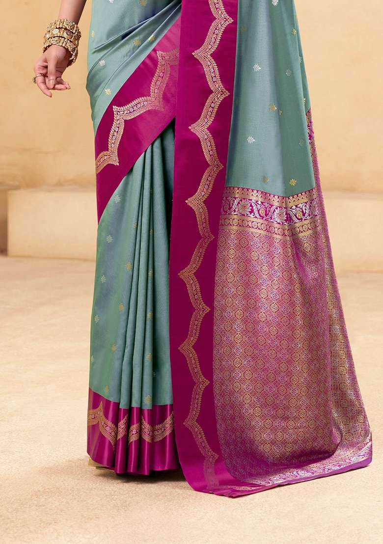 Grey Woven Silk Saree Set - Indya