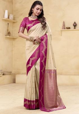 Beige Woven Silk Saree Set