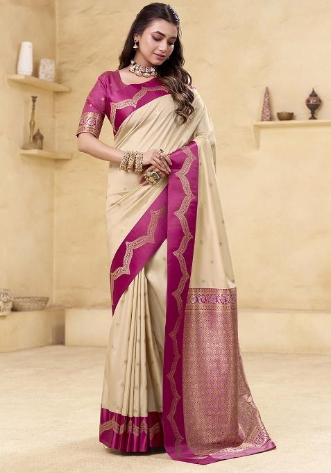Beige Woven Silk Saree Set