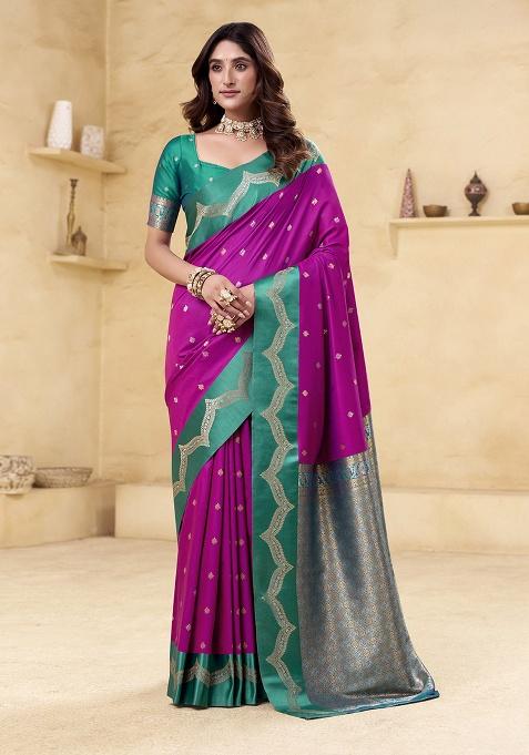 Purple Woven Silk Saree Set