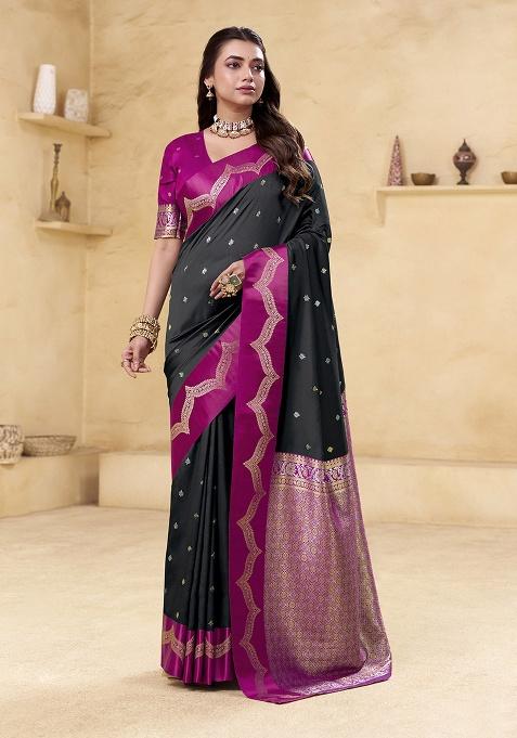 Black Woven Silk Saree Set